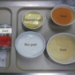 A 1,700 kcal thin rice gruel diet for diabetic patients showcasing soft foods suitable for patients with stomatitis, part of nutritional intervention in chemotherapy care, aligning with principles in Escott-Stump's Nutrition and Diagnosis-Related Care.