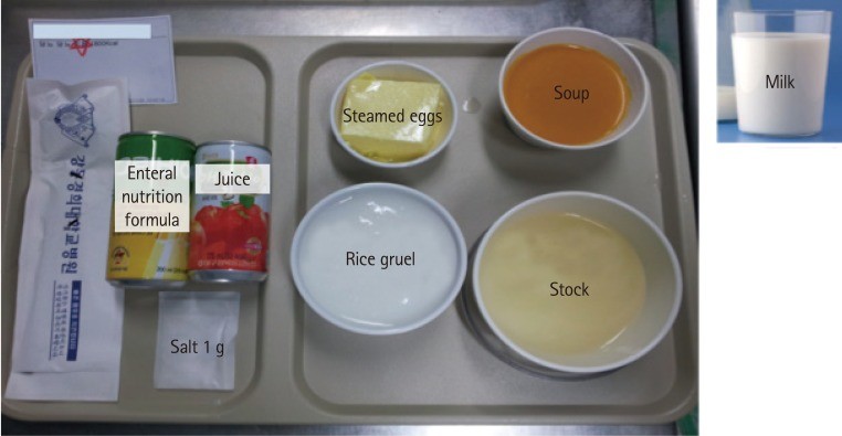 A 1,700 kcal thin rice gruel diet for diabetic patients showcasing soft foods suitable for patients with stomatitis, part of nutritional intervention in chemotherapy care, aligning with principles in Escott-Stump's Nutrition and Diagnosis-Related Care.