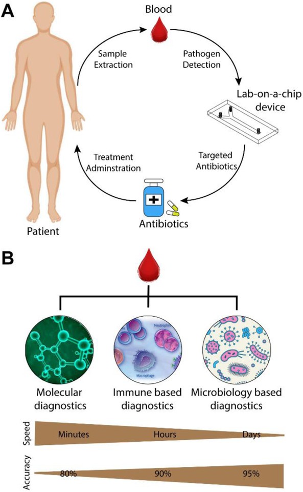 Recommended applications of POC sepsis diagnostics in clinical care and categories of whole blood sepsis diagnostics.