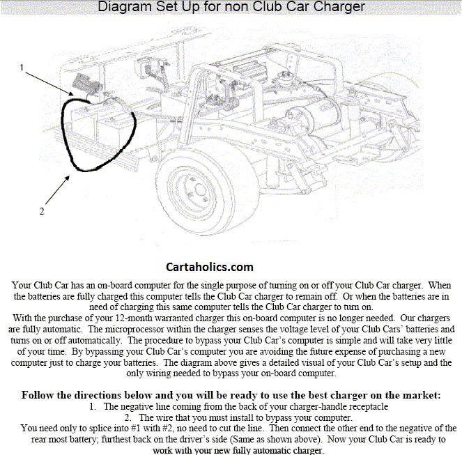 Simple Club Car OBC bypass wiring diagram showing a black wire connection from the charging receptacle to the battery negative for bypassing the on-board computer and enabling diagnosis with a smart charger.