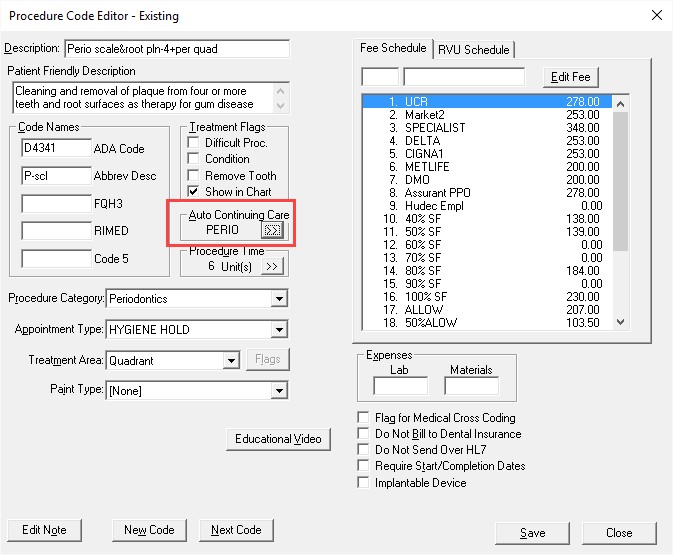 Procedure Code Editor in Dentrix Enterprise for Continuing Care Setup