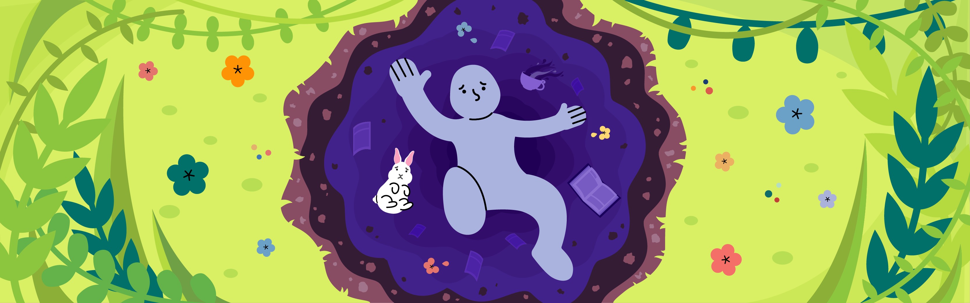 Diving into the rabbit hole of health care self diagnosis: An illustration of a person falling down a rabbit hole, representing the complex and sometimes misleading nature of self-diagnosing mental health conditions.